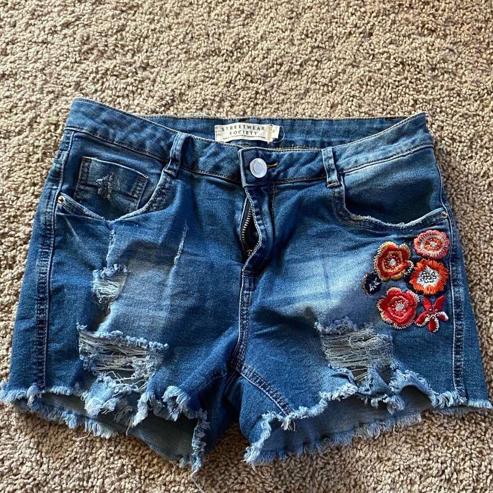 Embroidered, Distressed, Cutoff Shorts